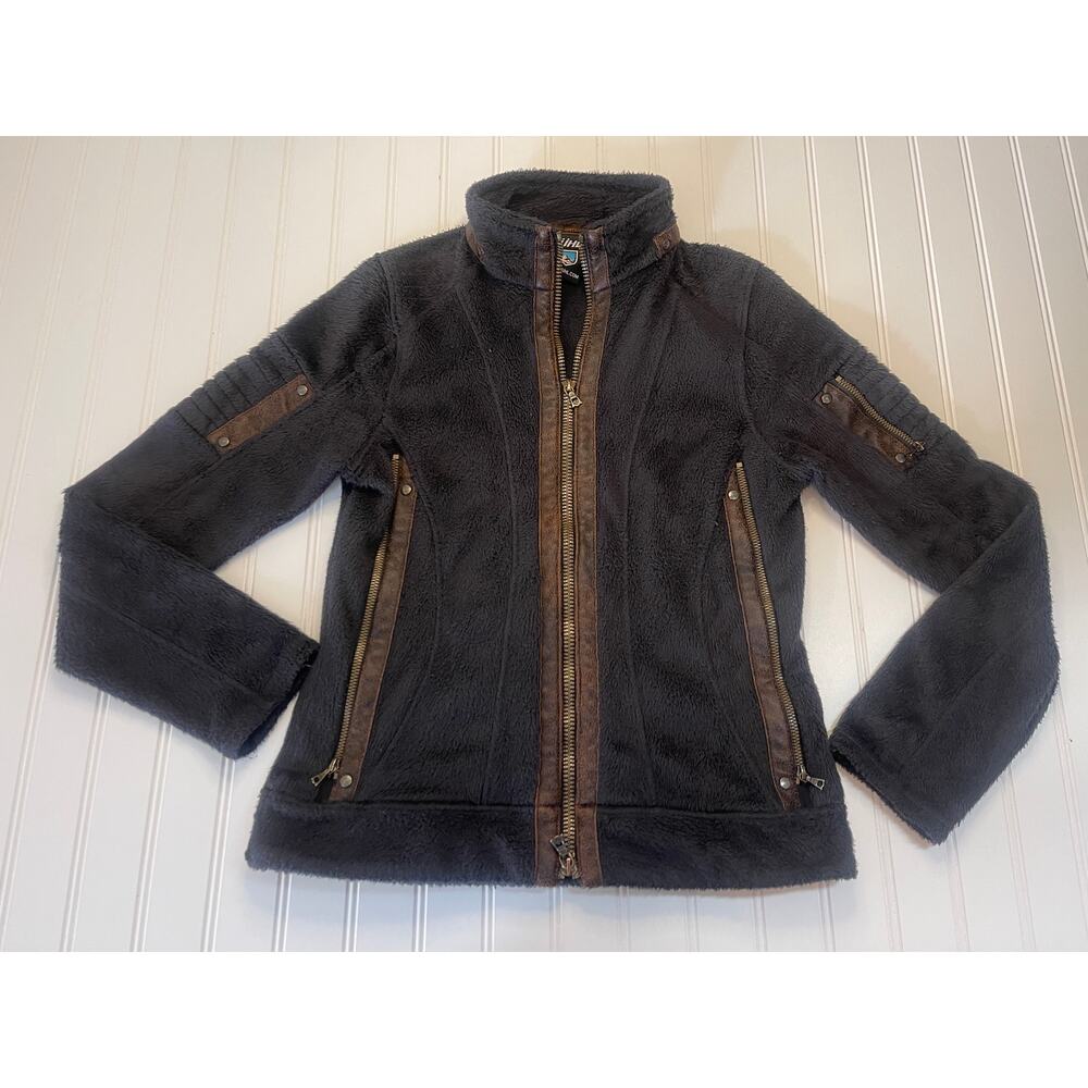KUHL Moto-Vation Black Fleece Leather Trim Full Zip Jacket Pockets Women's Small